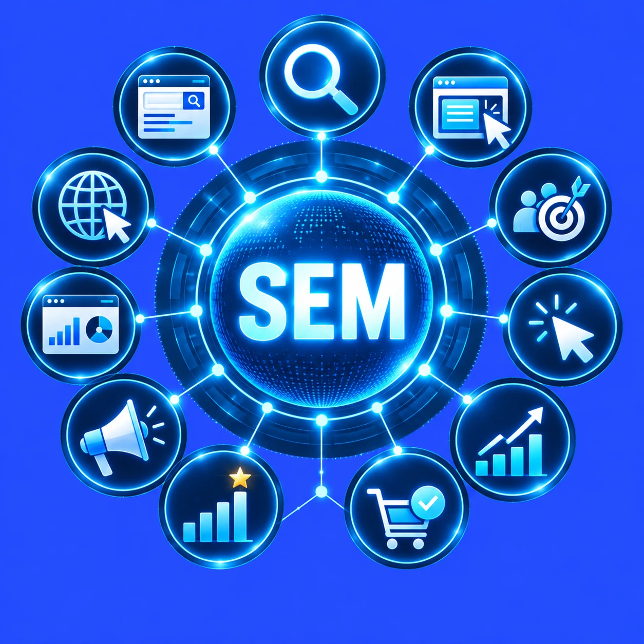 Search engine marketing illustration with SEM at the centre of search, ads and analytics icons