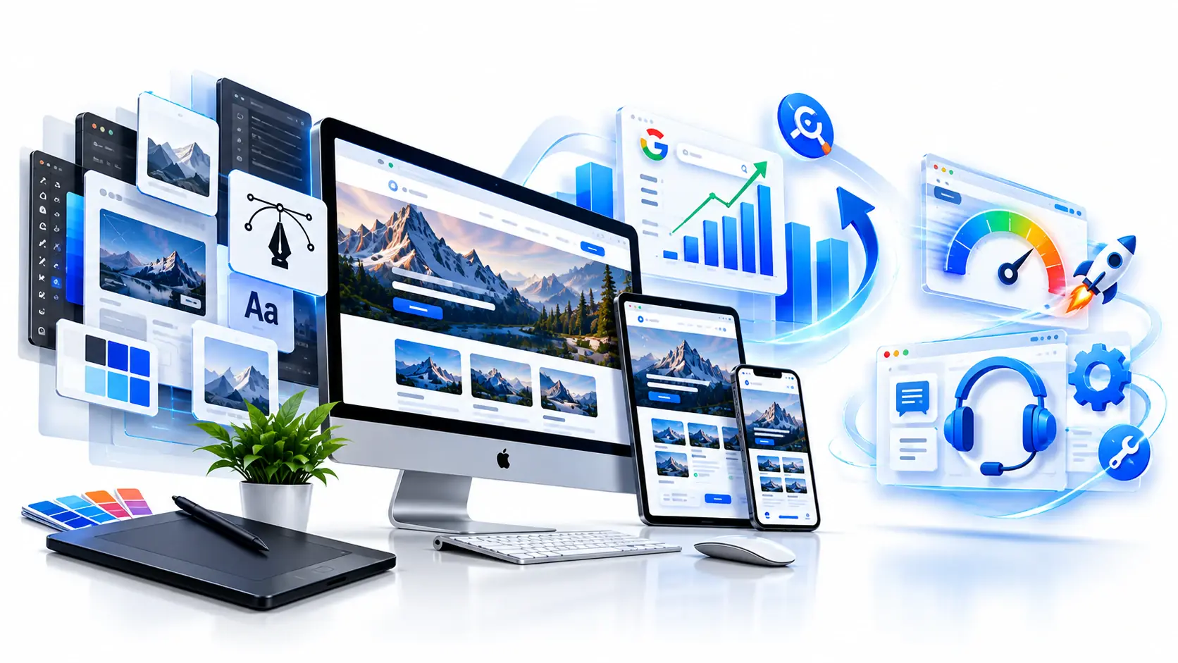 iMac displaying a custom website design in a dim room