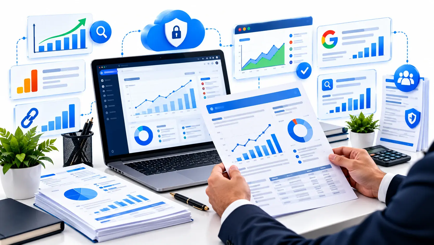 Person holding a printed chart report over a laptop