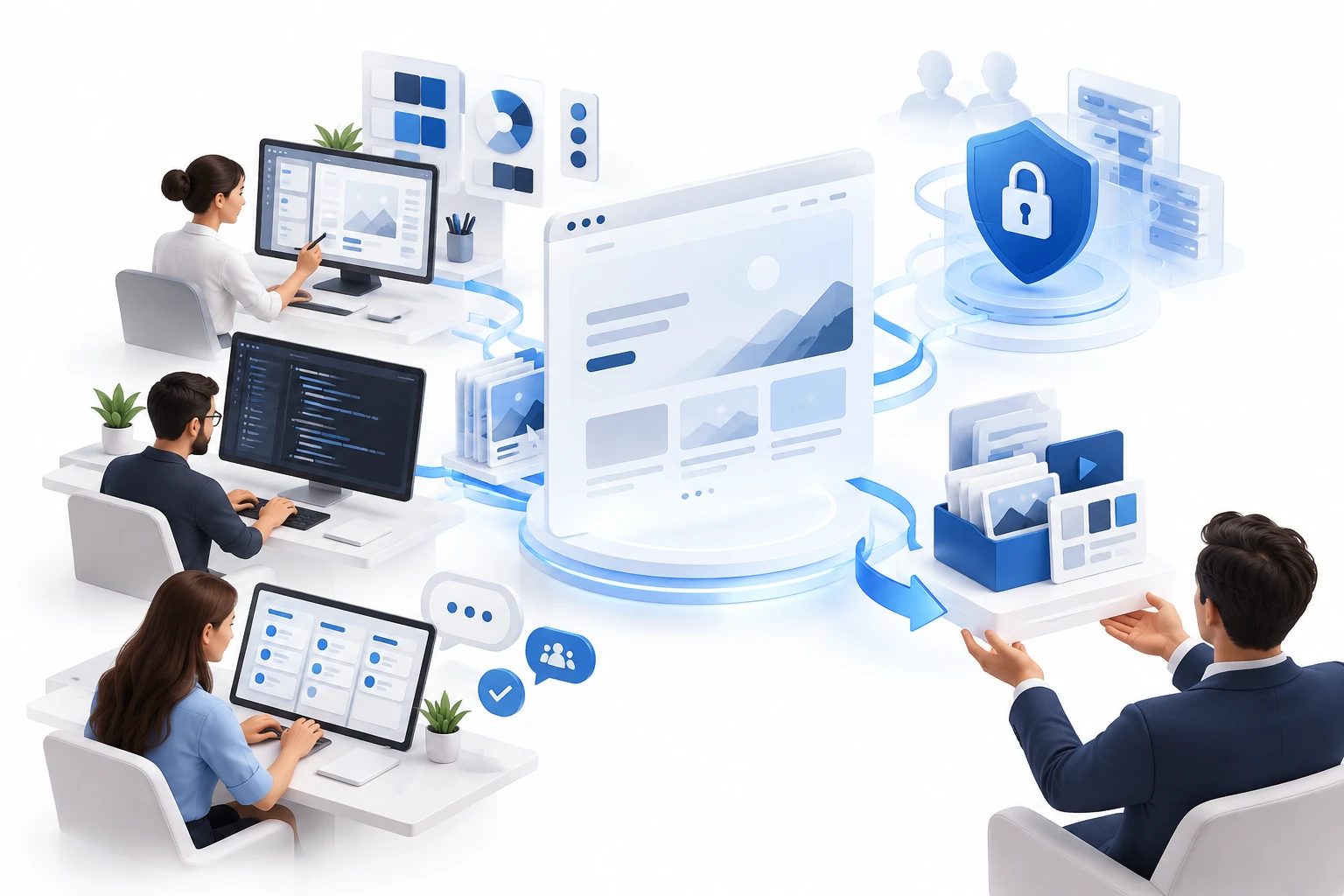 Designer working on a website layout on a large desktop monitor