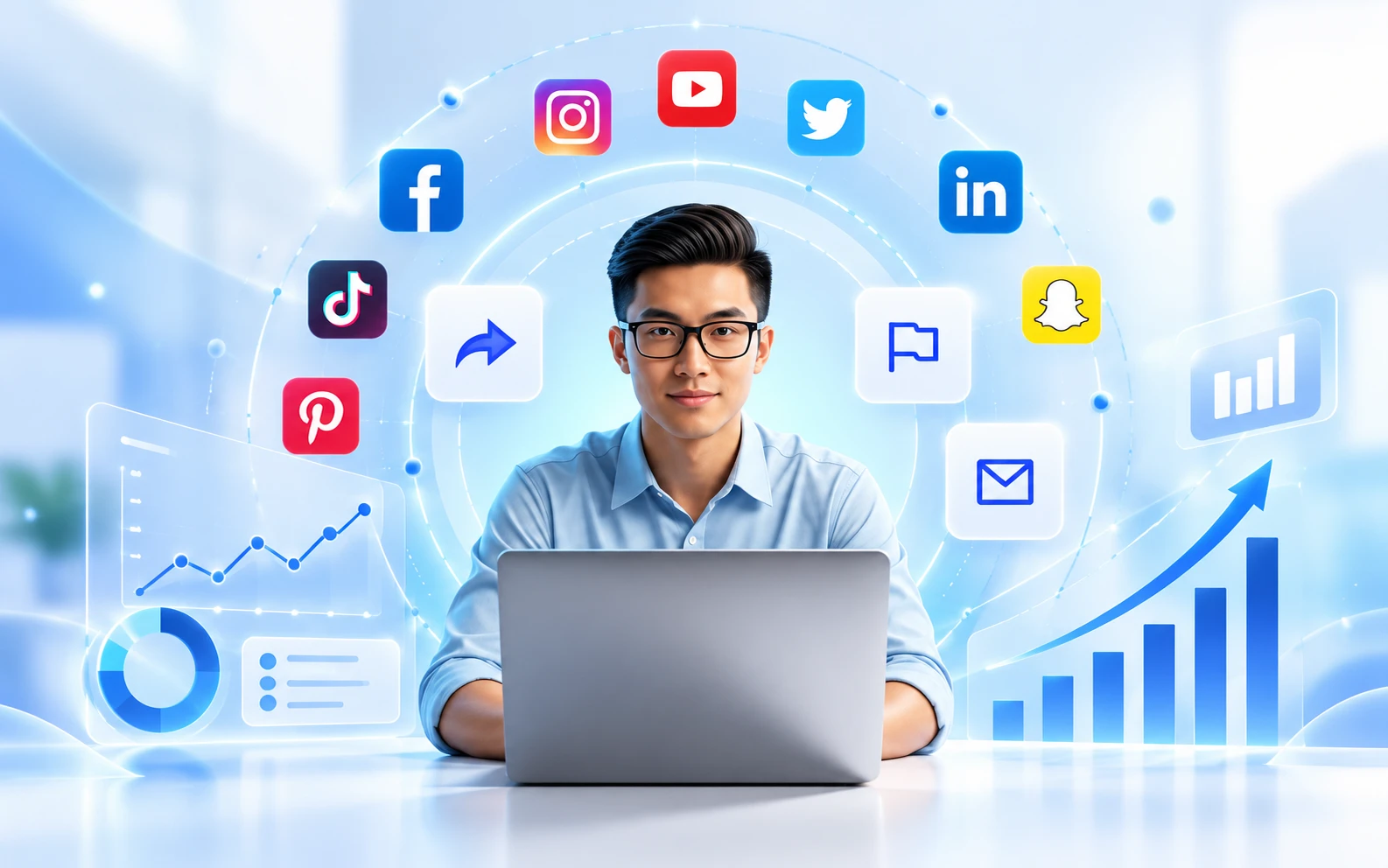 3D social media post graphic surrounded by like and heart icons