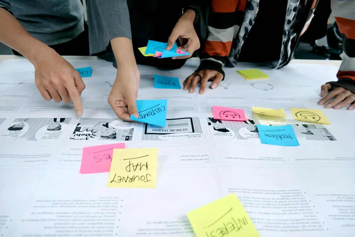 Team mapping a user journey with sticky notes